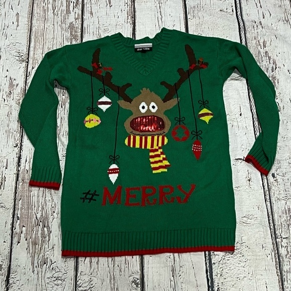 Women's Rudolph Red Nose Reindeer Green Christmas Sweater Ugly - Picture 1 of 7